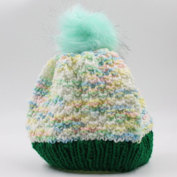 Handmade Hand Knit Pastel Pink Green Double Moss Stitch Knit Beanie Pom Pom - Picture 4 of 4